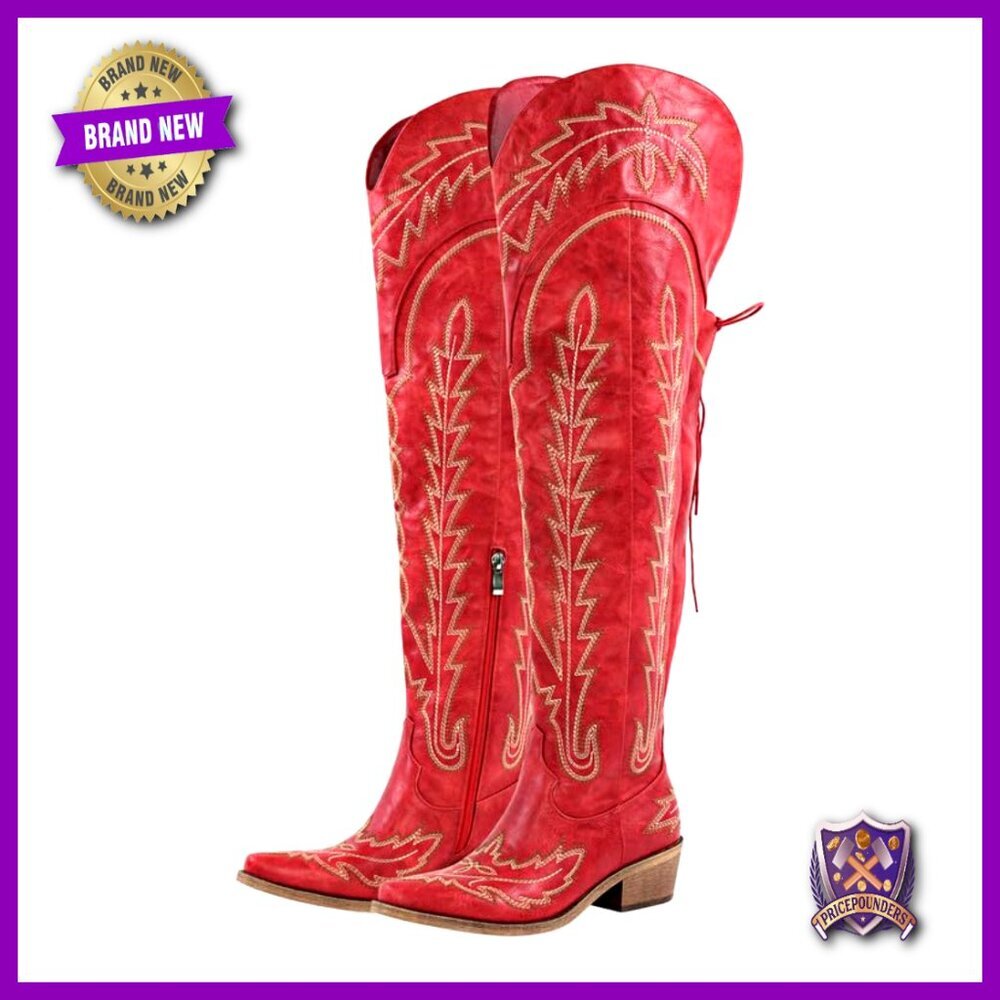 Thigh High Western Cowboy Boots Embroidered Wide Calf Chunky Heel Y2K